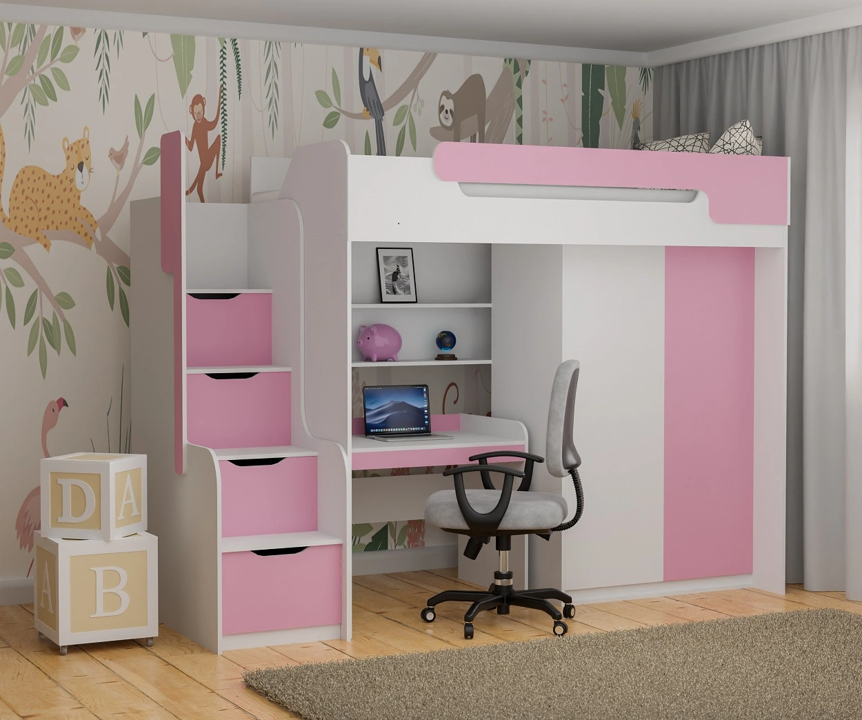 Hochbett DORIAN mit Schreibtisch und Schrank, rosa