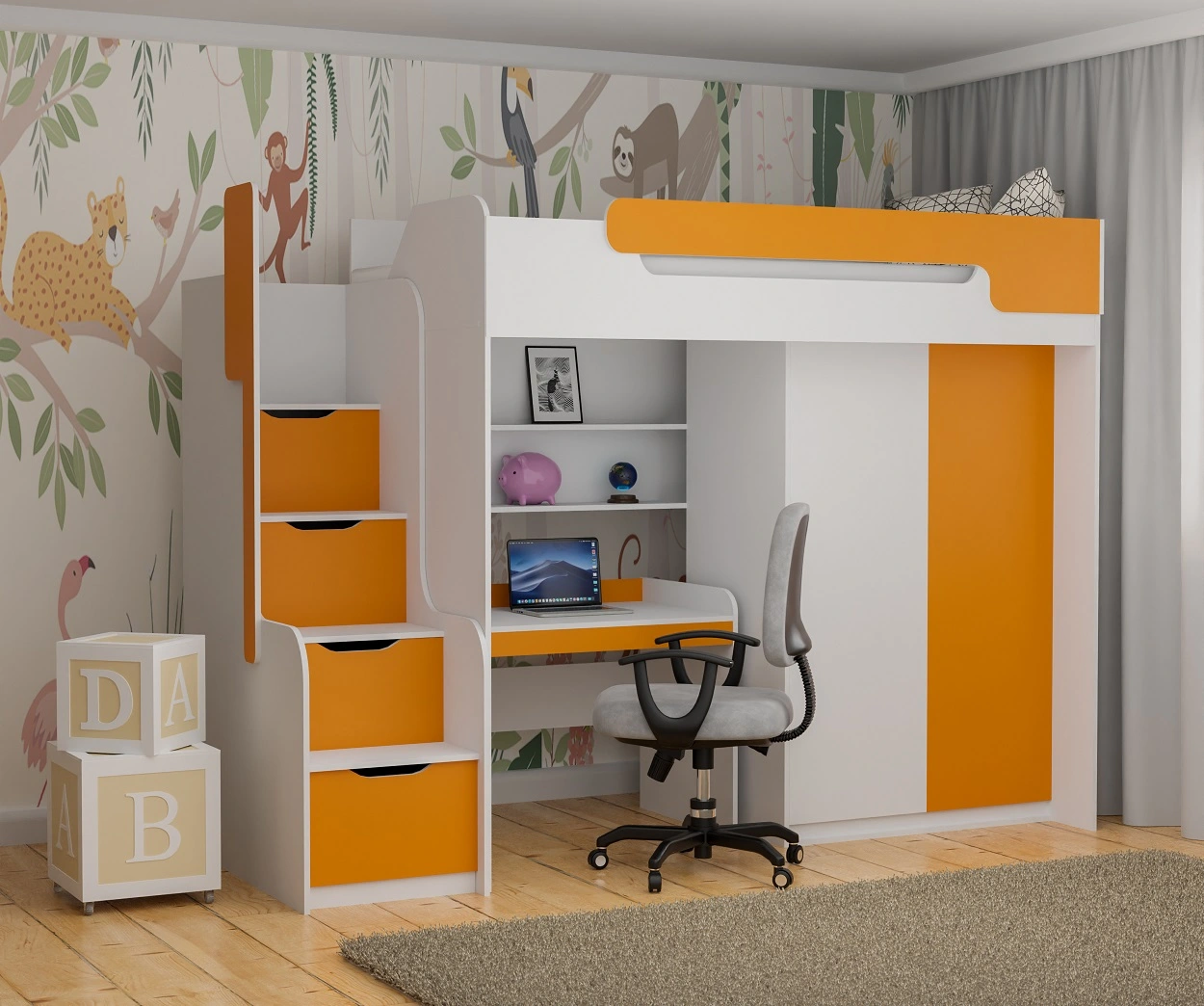  Hochbett DORIAN mit Schreibtisch und Schrank, orange