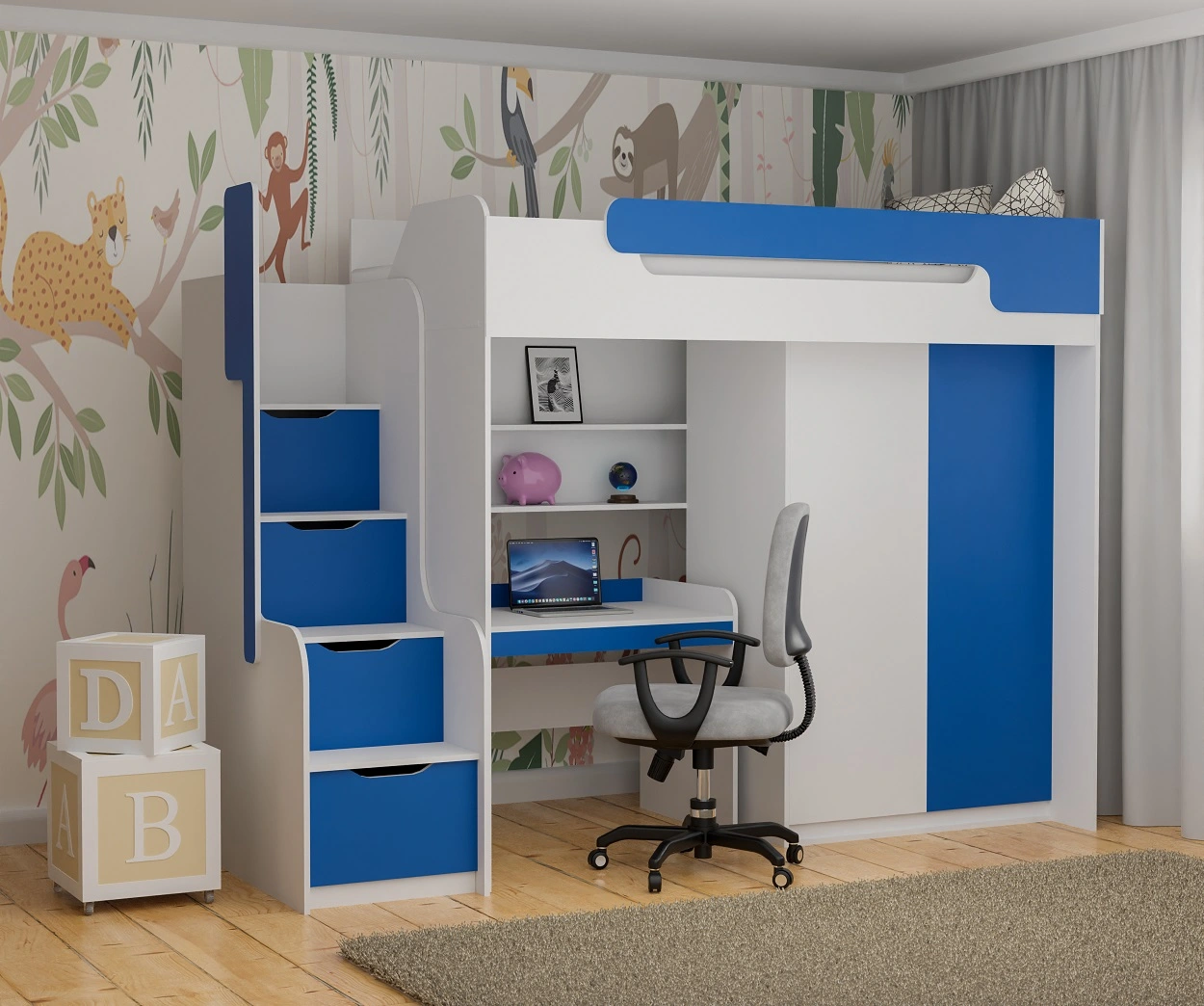  Hochbett DORIAN mit Schreibtisch und Schrank, blau